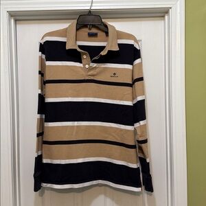 GANT Men's Polo Shirt - Black, White, and Tan Stripes - size L